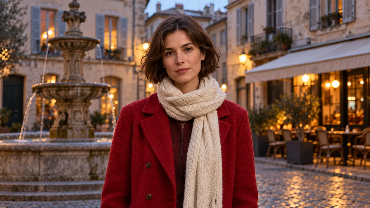 Une femme en manteau rouge sur une place, en plan rapproché