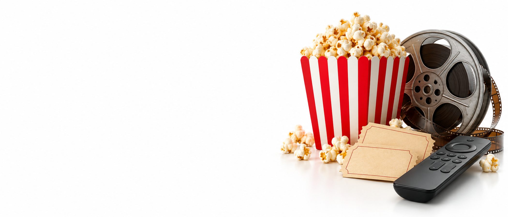 Pop-corn, billets de cinéma, bobine et télécommande