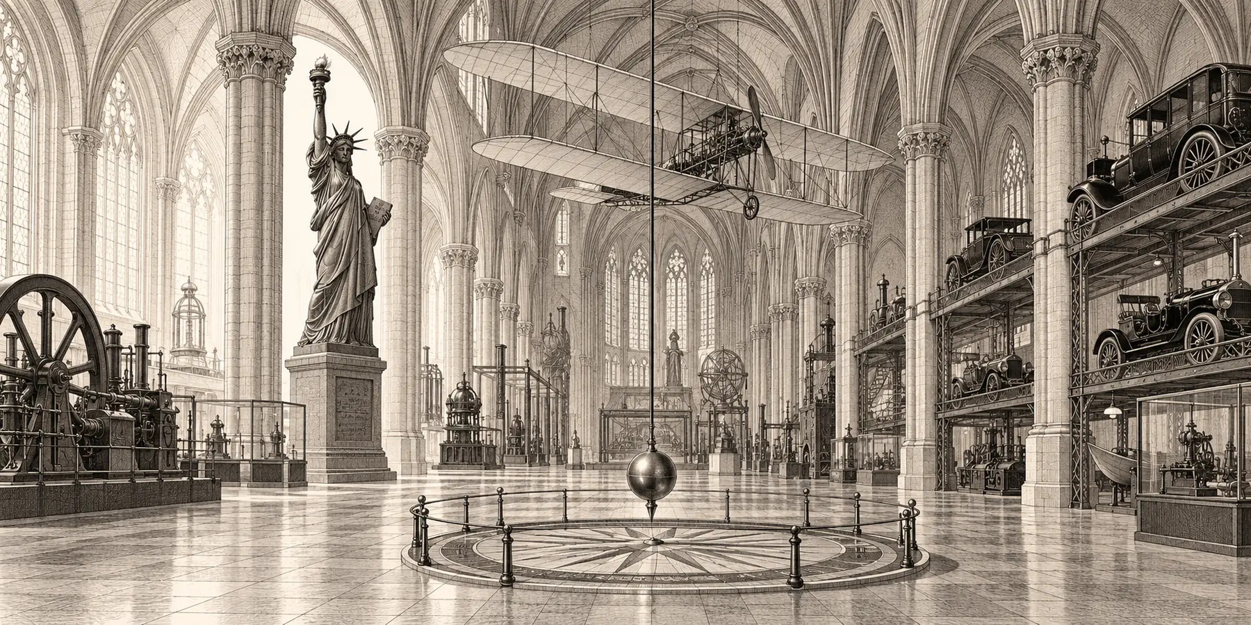 Gravure : la nef d’une église gothique transformée en musée, un pendule, un avion pionnier suspendu, des automobiles anciennes
