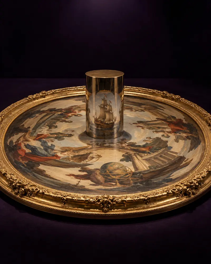 Peinture anamorphique d’un navire avec son miroir cylindrique