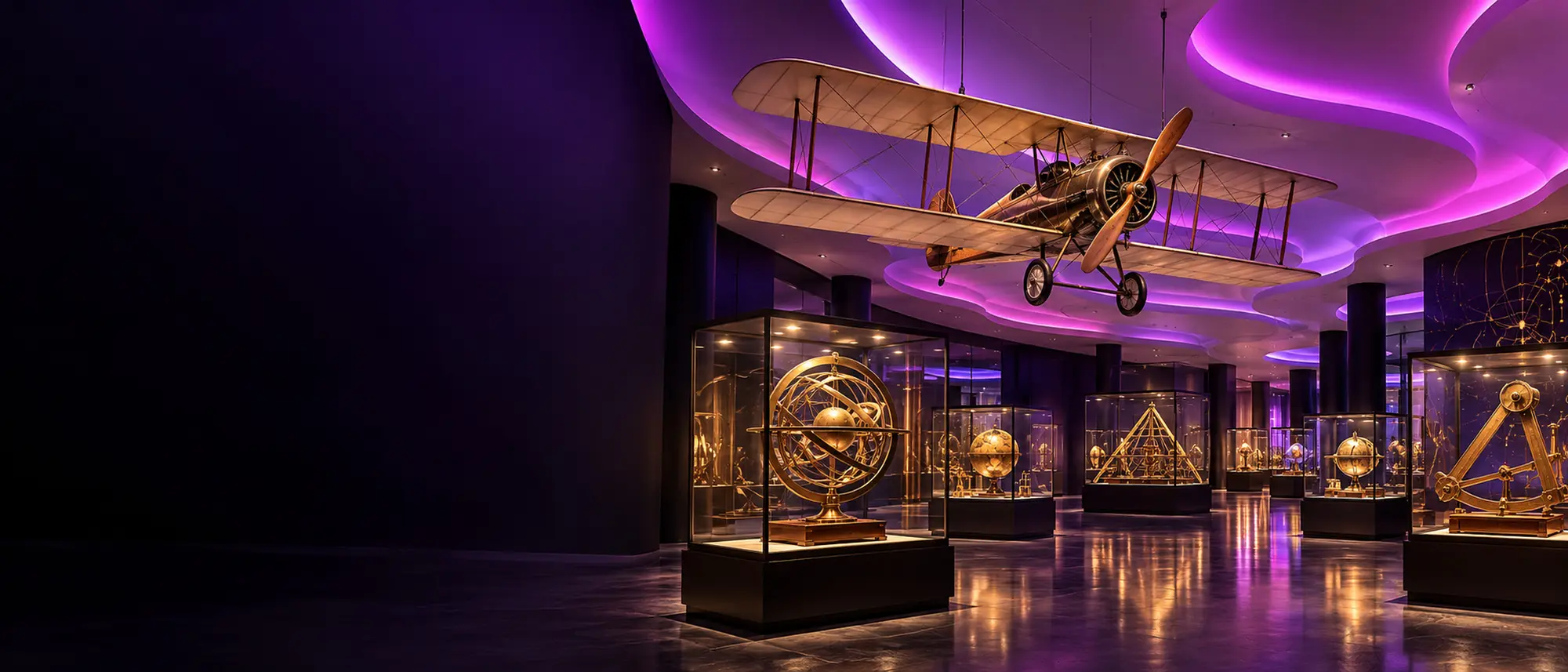 Une galerie de musée plongée dans le violet, un biplan suspendu au-dessus de vitrines dorées