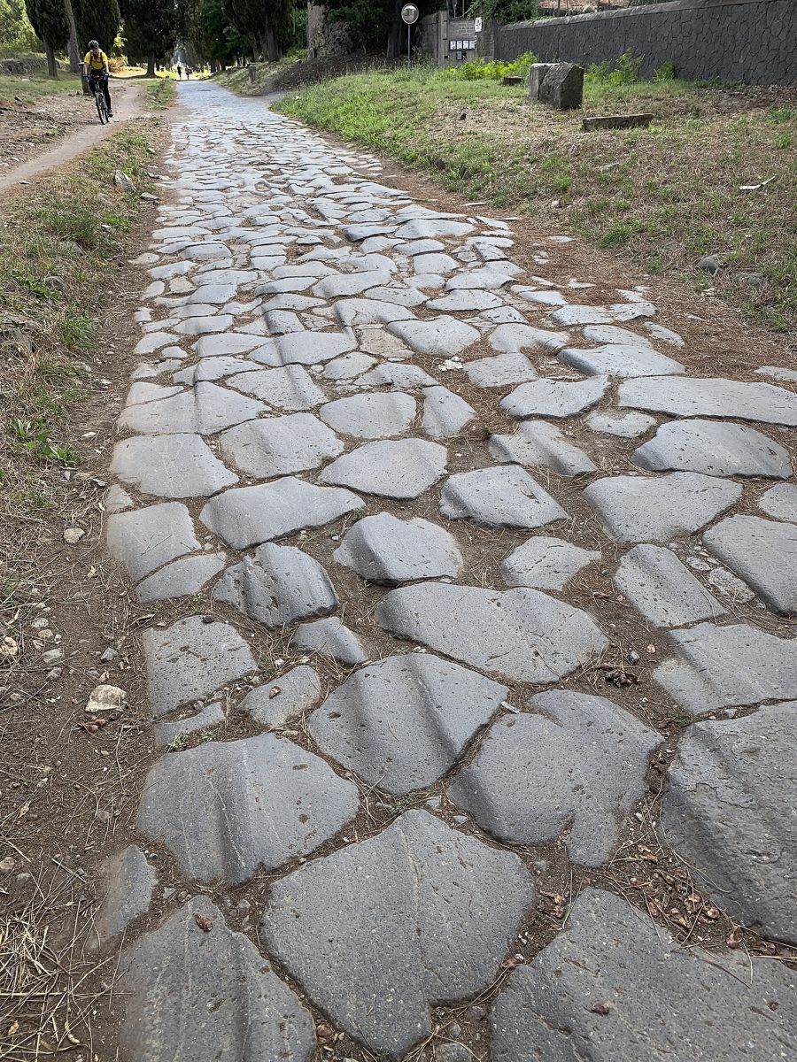 Les pavés de la Via Appia antique, bordée de pins, près de Rome