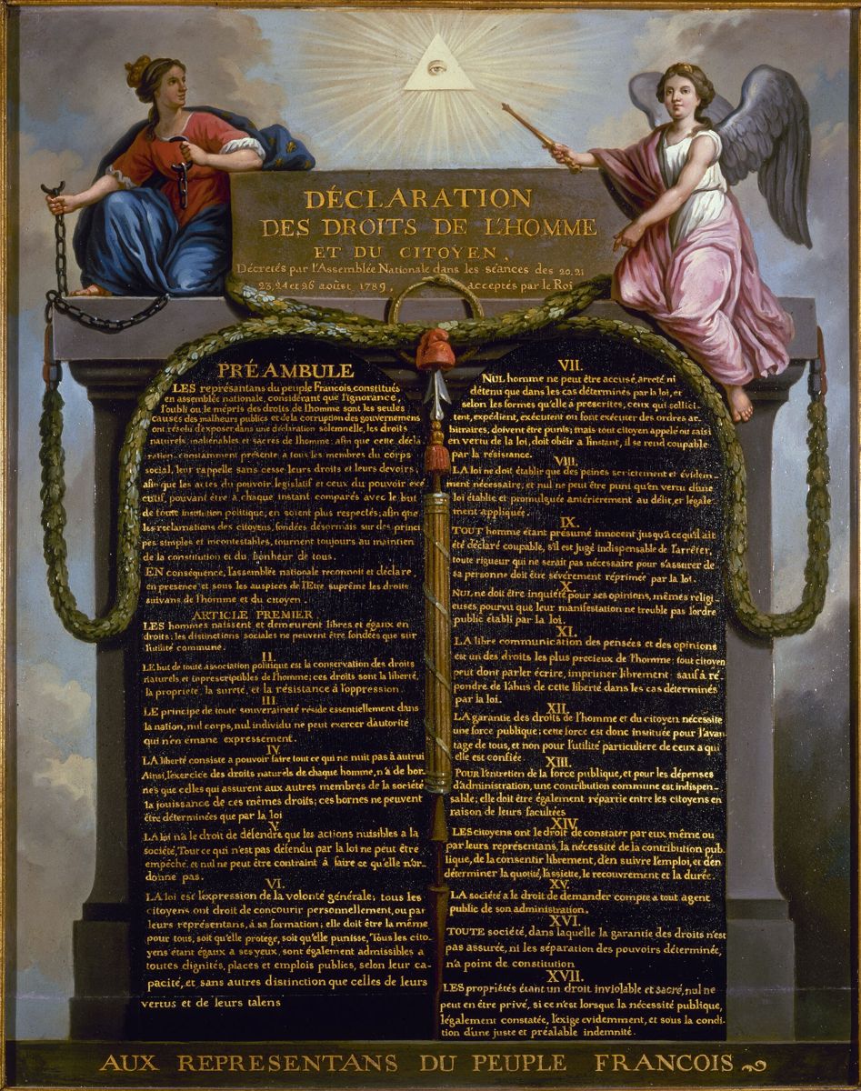 La Déclaration des droits de l'homme et du citoyen, peinte comme des tables de la Loi