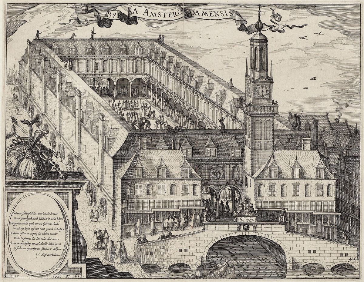 La Bourse d'Amsterdam vue d'en haut en 1612 : une cour entourée d'arcades où se pressent les marchands