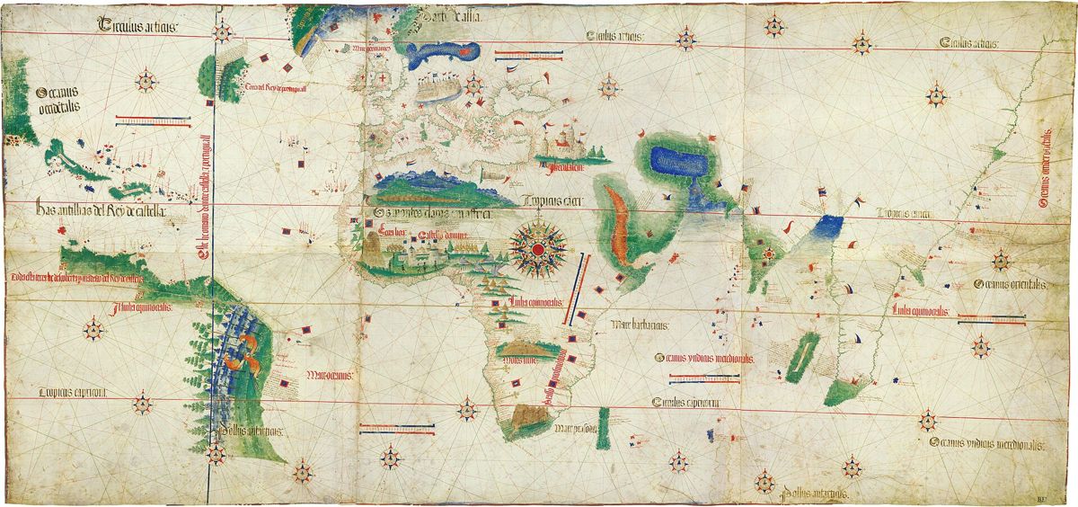 Le planisphère de Cantino, carte portugaise de 1502 montrant l'Afrique contournée et la côte du Brésil