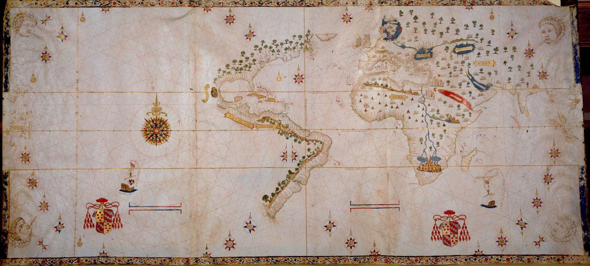 Le planisphère Salviati, vers 1525 : les côtes connues sont dessinées, l'intérieur des Amériques et le nord du Pacifique restent blancs