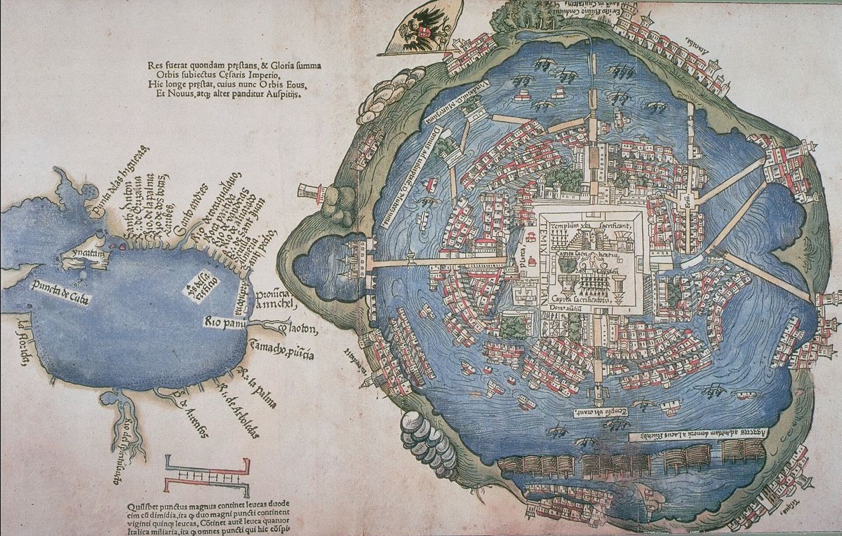 Carte de Tenochtitlan publiée à Nuremberg en 1524 : une ville ronde au milieu d'un lac, reliée par des chaussées