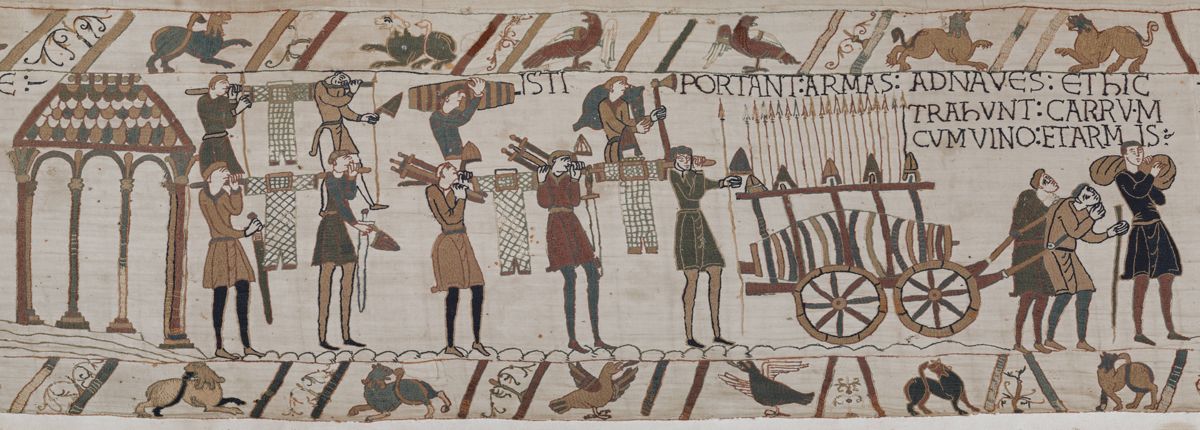Broderie de la tapisserie de Bayeux montrant des navires à voile carrée chargés de chevaux