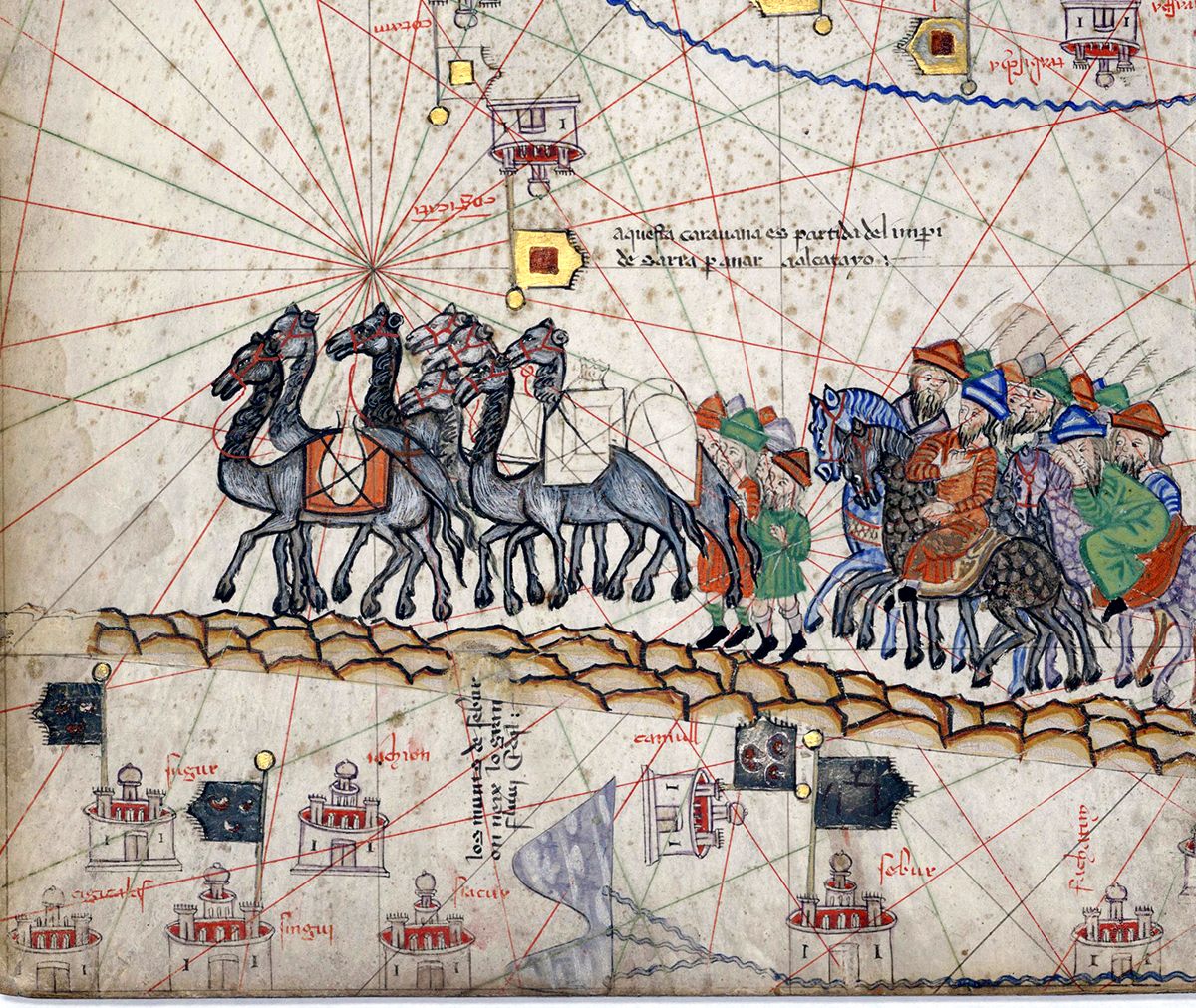 Caravane de chameaux et de cavaliers dessinée sur l'Atlas catalan