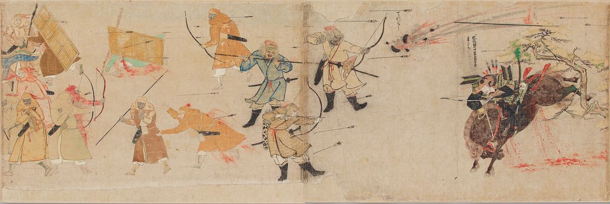 Rouleau peint japonais : un samouraï à cheval face aux archers mongols