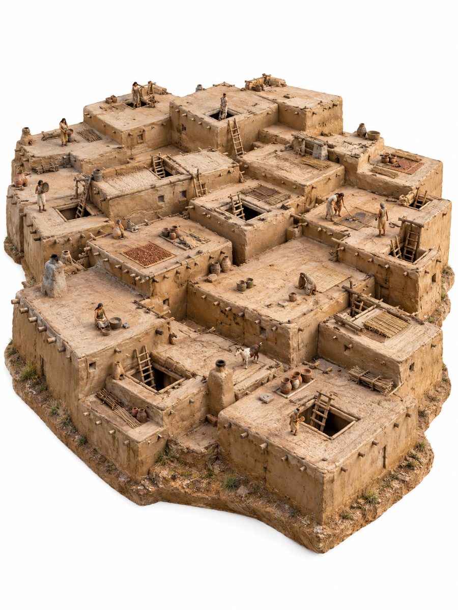 Maquette de Çatal Höyük : maisons accolées, entrées par le toit