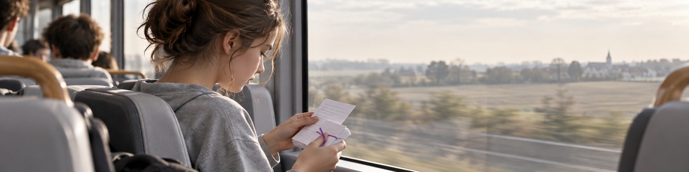 Un élève relit ses fiches dans le bus