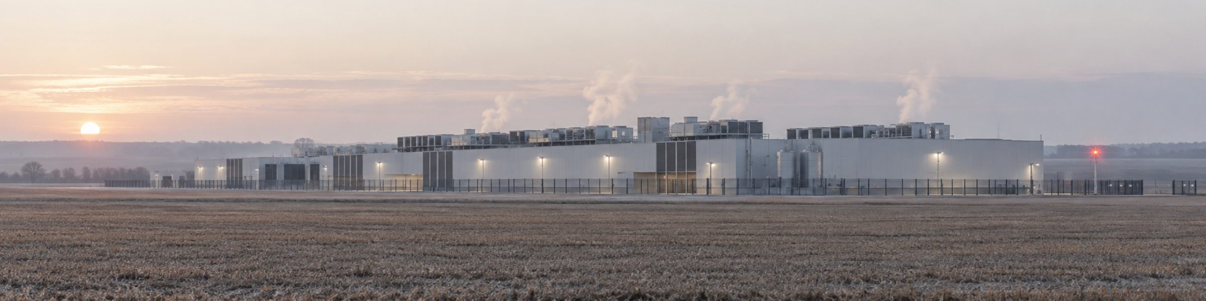 Un centre de données au coucher du soleil