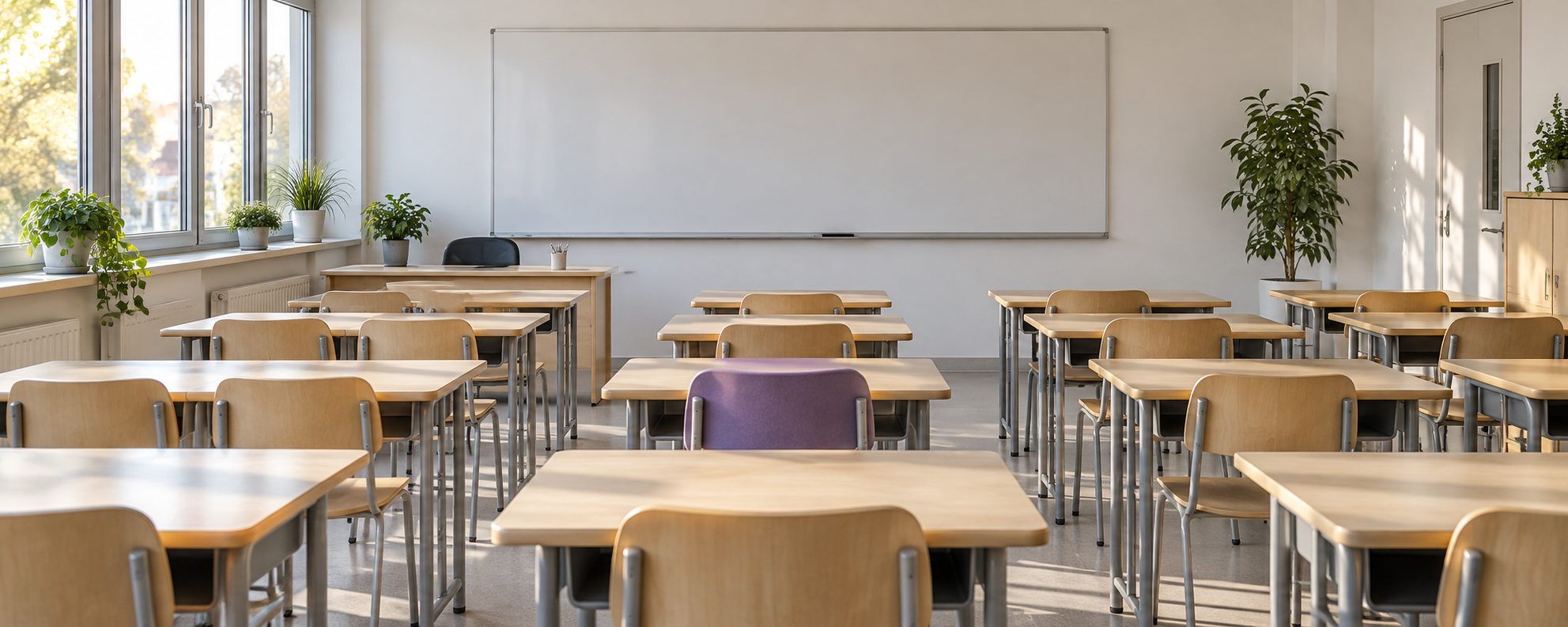 Une salle de classe vide et rangée, une chaise violette
