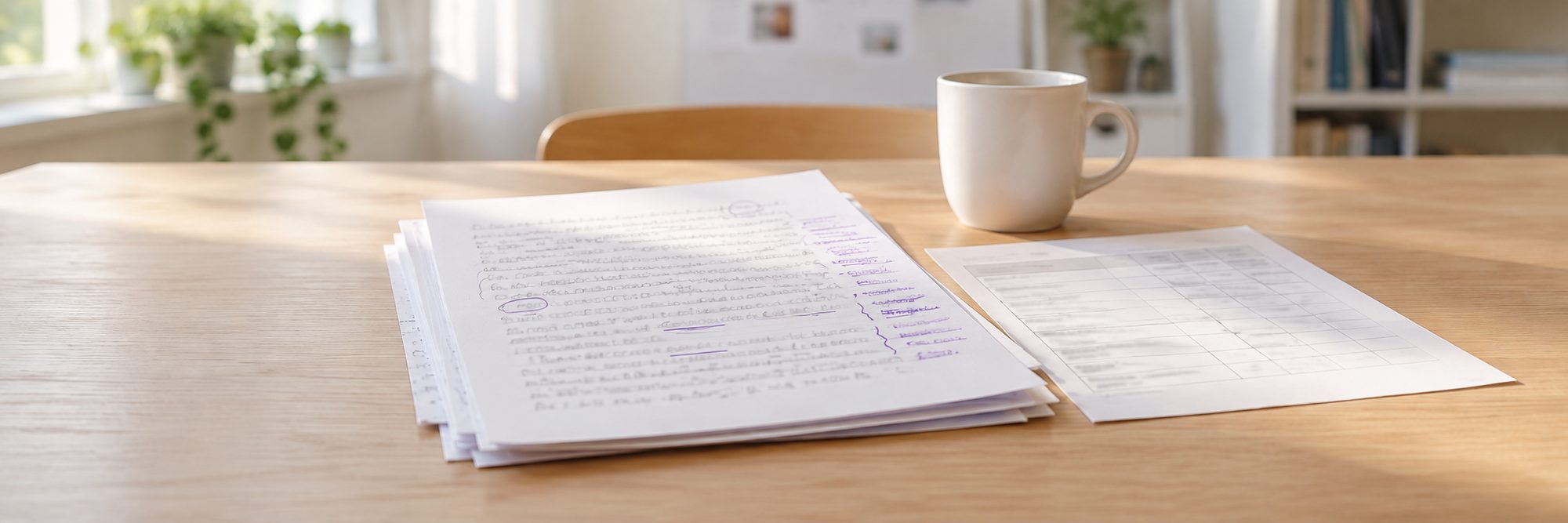 Une pile de copies annotées en violet et une grille d’évaluation