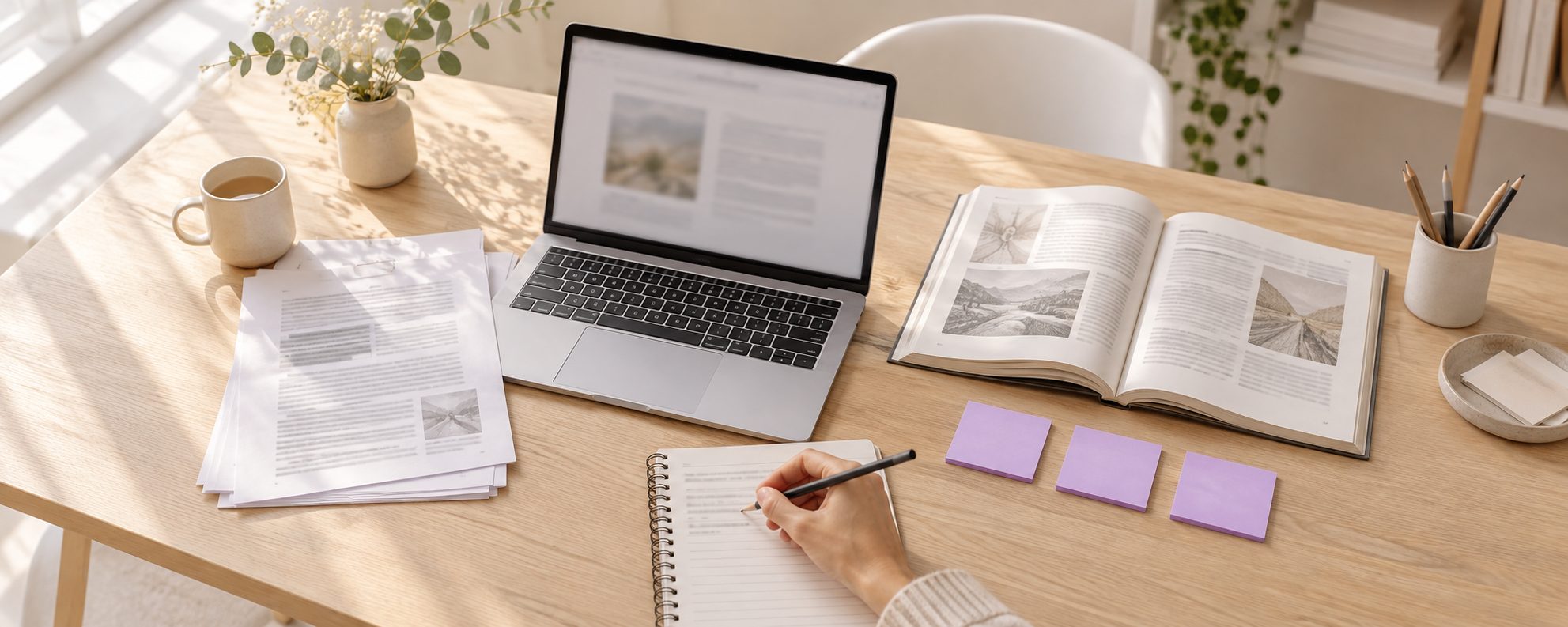 Un bureau avec un ordinateur, un manuel ouvert, des documents et des post-its violets
