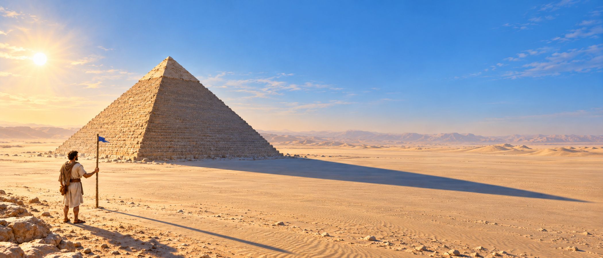 Thalès, son bâton à fanion planté dans le sable, face à la grande pyramide : les deux ombres s’étirent dans la même direction.