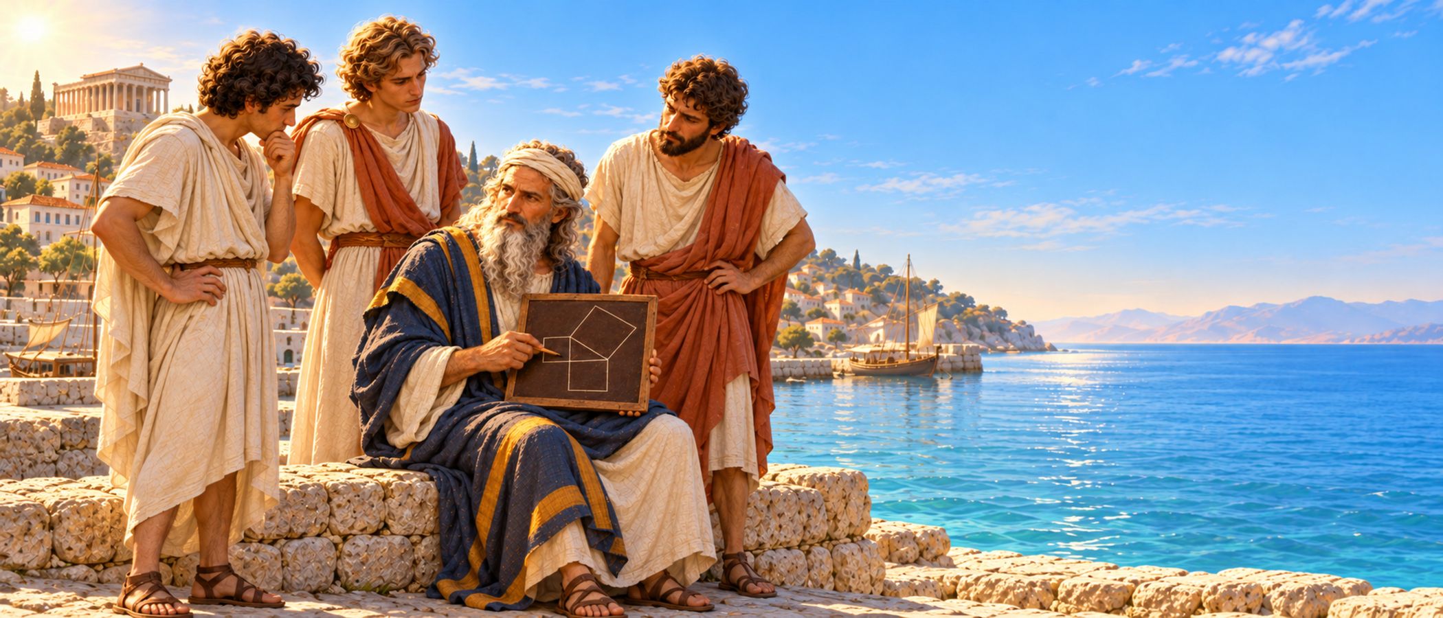 Le port de Samos au matin : Pythagore, assis sur un muret, montre à trois disciples une tablette où il a gravé un triangle et trois carrés.