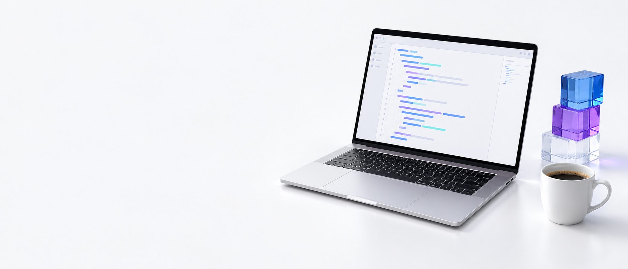 Un ordinateur portable ouvert sur un éditeur de code, des blocs de verre empilés et une tasse de café.