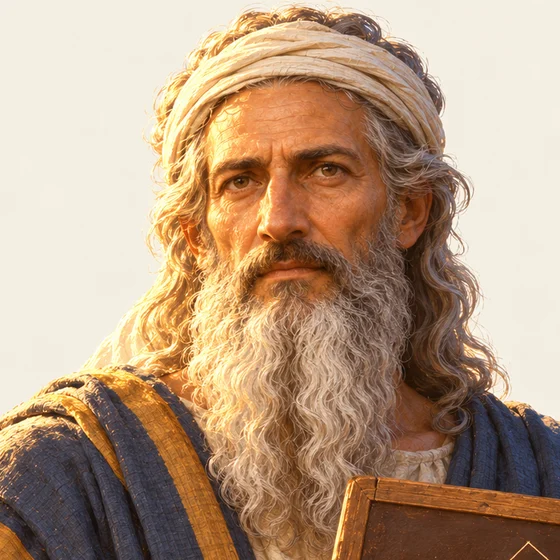 Portrait peint de Pythagore : longue barbe grise, bandeau dans les cheveux, manteau bleu-gris, une tablette de cire à la main.