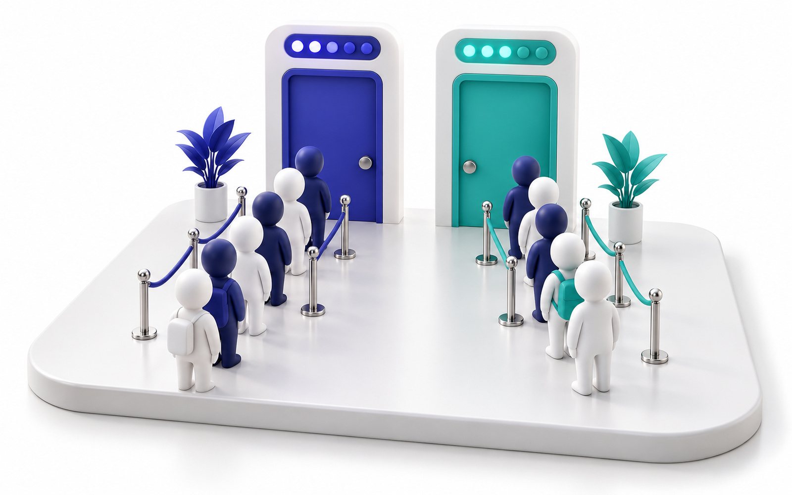Deux portes, indigo et turquoise, chacune avec sa file de figurines.