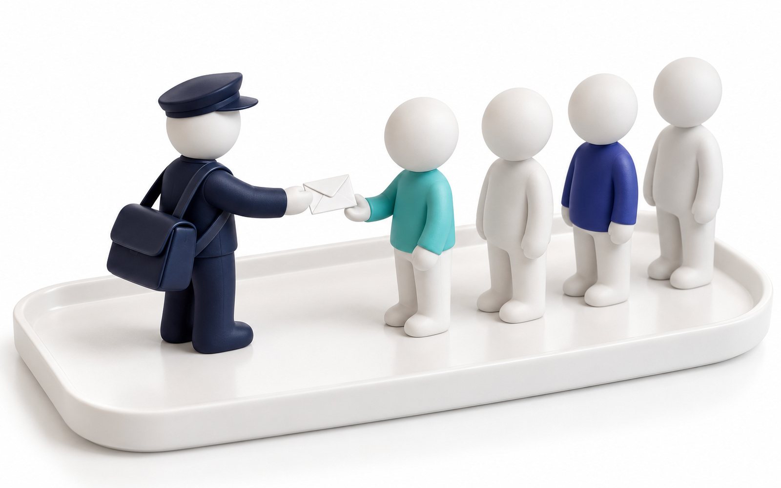 Un facteur remet une enveloppe en main propre à une figurine précise.