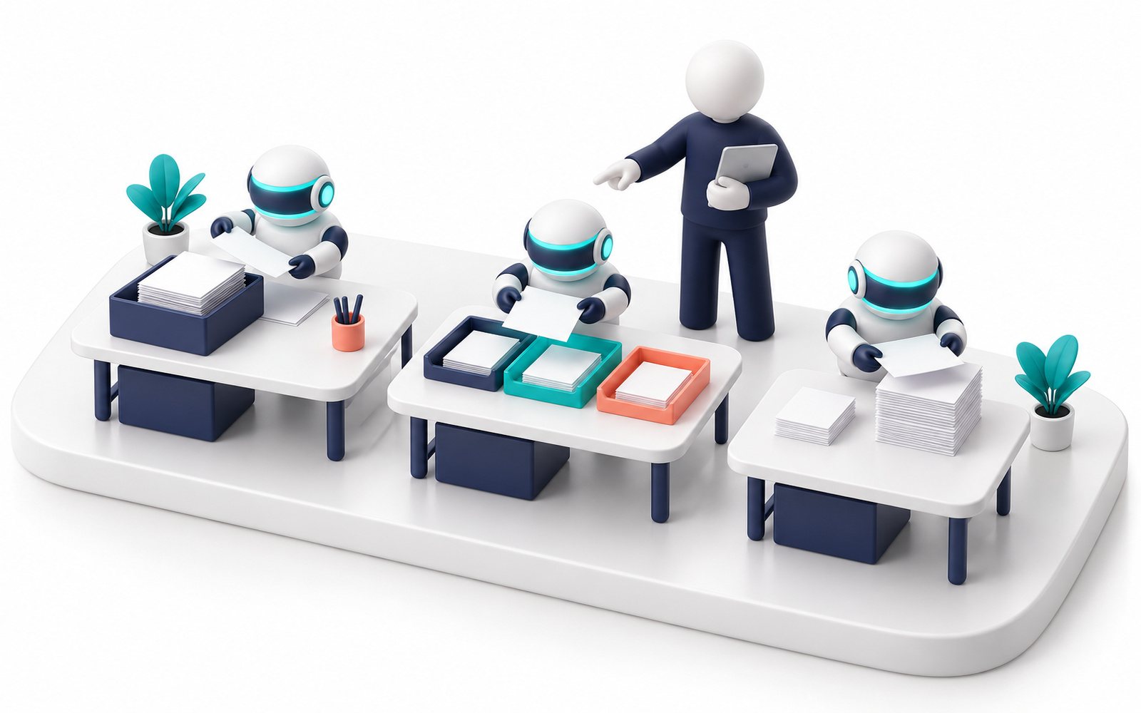 Une figurine supervise trois petits robots qui trient des documents sur des bureaux.