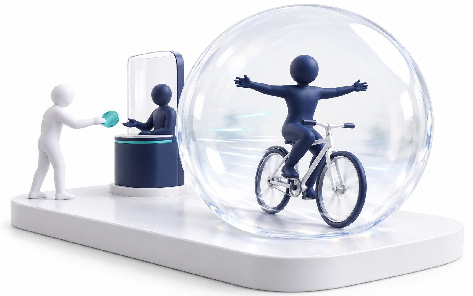Une figurine roule à vélo sans les mains dans une grande bulle protectrice, qu’une autre figurine paie.
