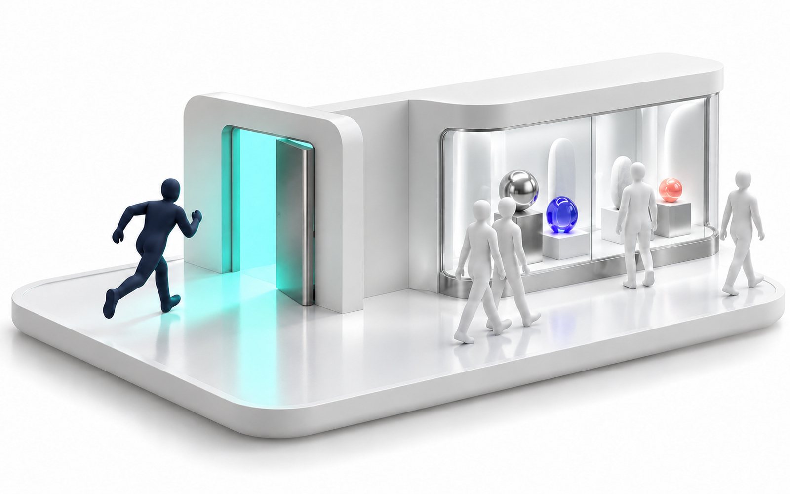 Une figurine court vers une porte lumineuse turquoise pendant que d’autres flânent devant une vitrine.