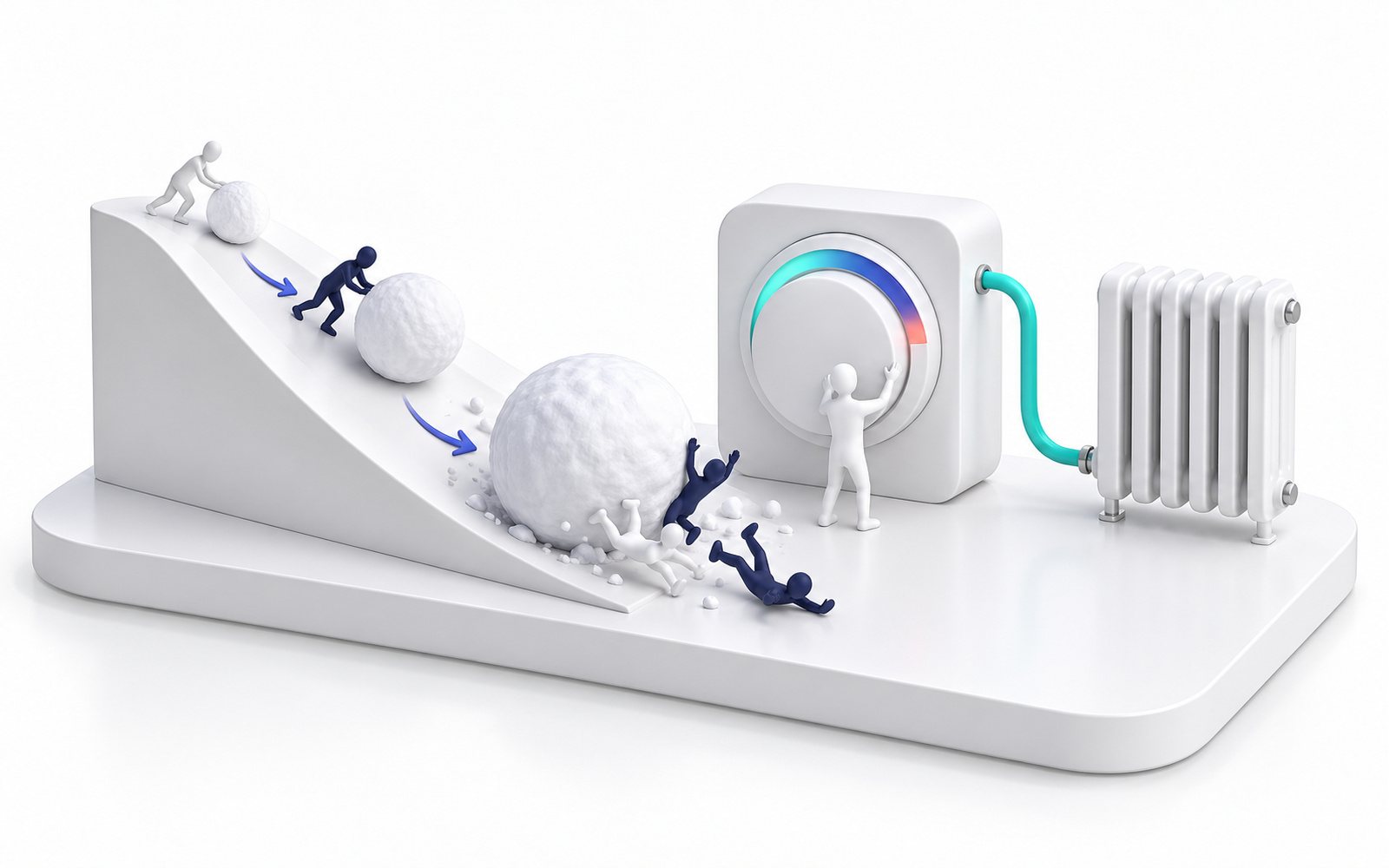 Une boule de neige grossit en dévalant une pente ; à côté, une figurine règle un thermostat relié à un radiateur.