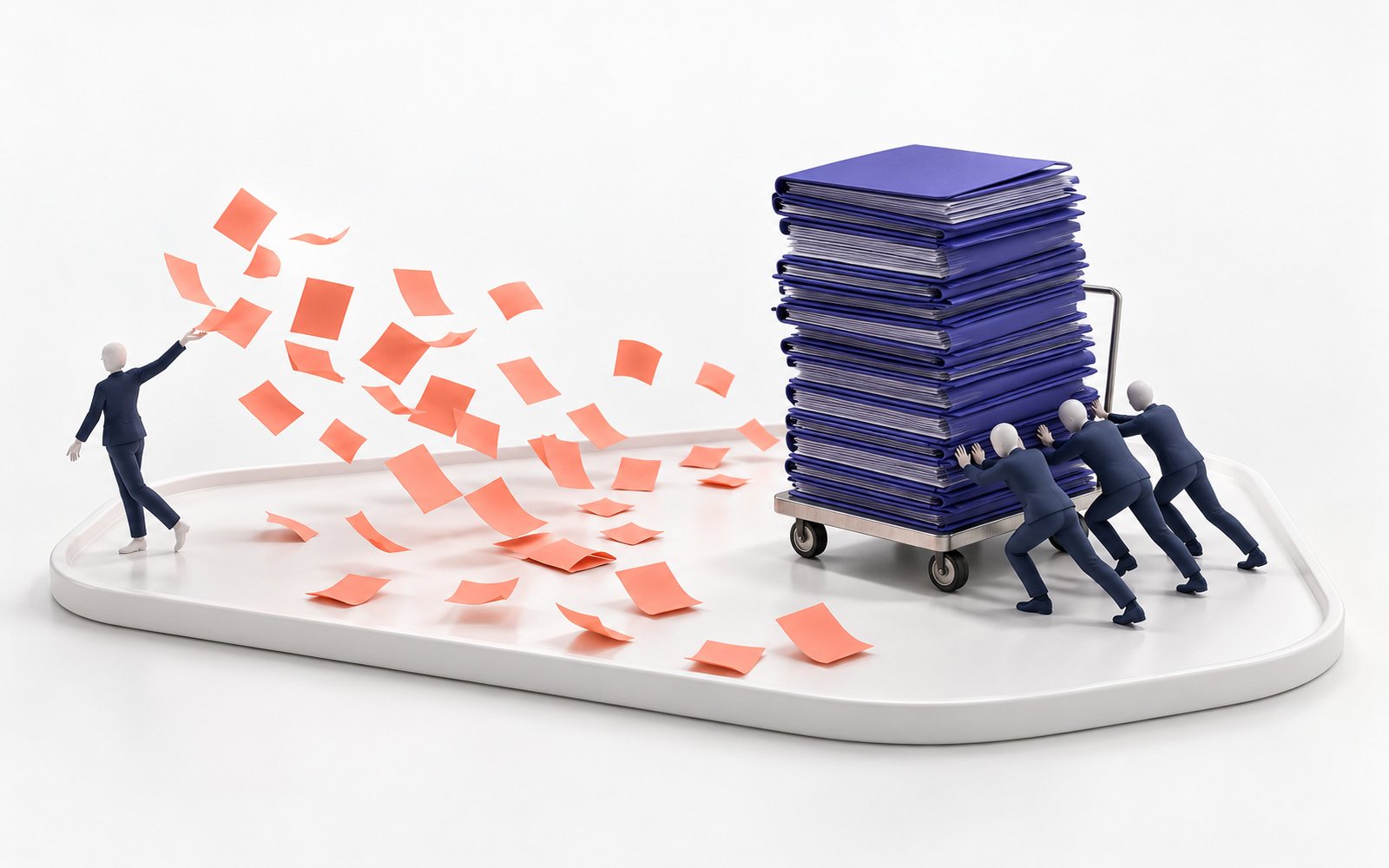 Une figurine lance d’un geste léger une nuée de feuilles corail ; trois autres poussent péniblement un chariot chargé d’une énorme pile de dossiers.