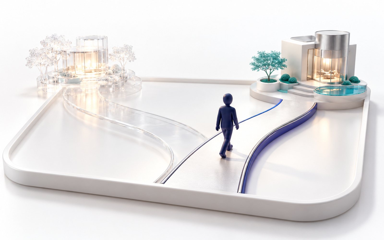 Une figurine avance sur un chemin ; derrière elle, l’autre chemin mène à un bâtiment lumineux en verre qu’elle ne voit pas.