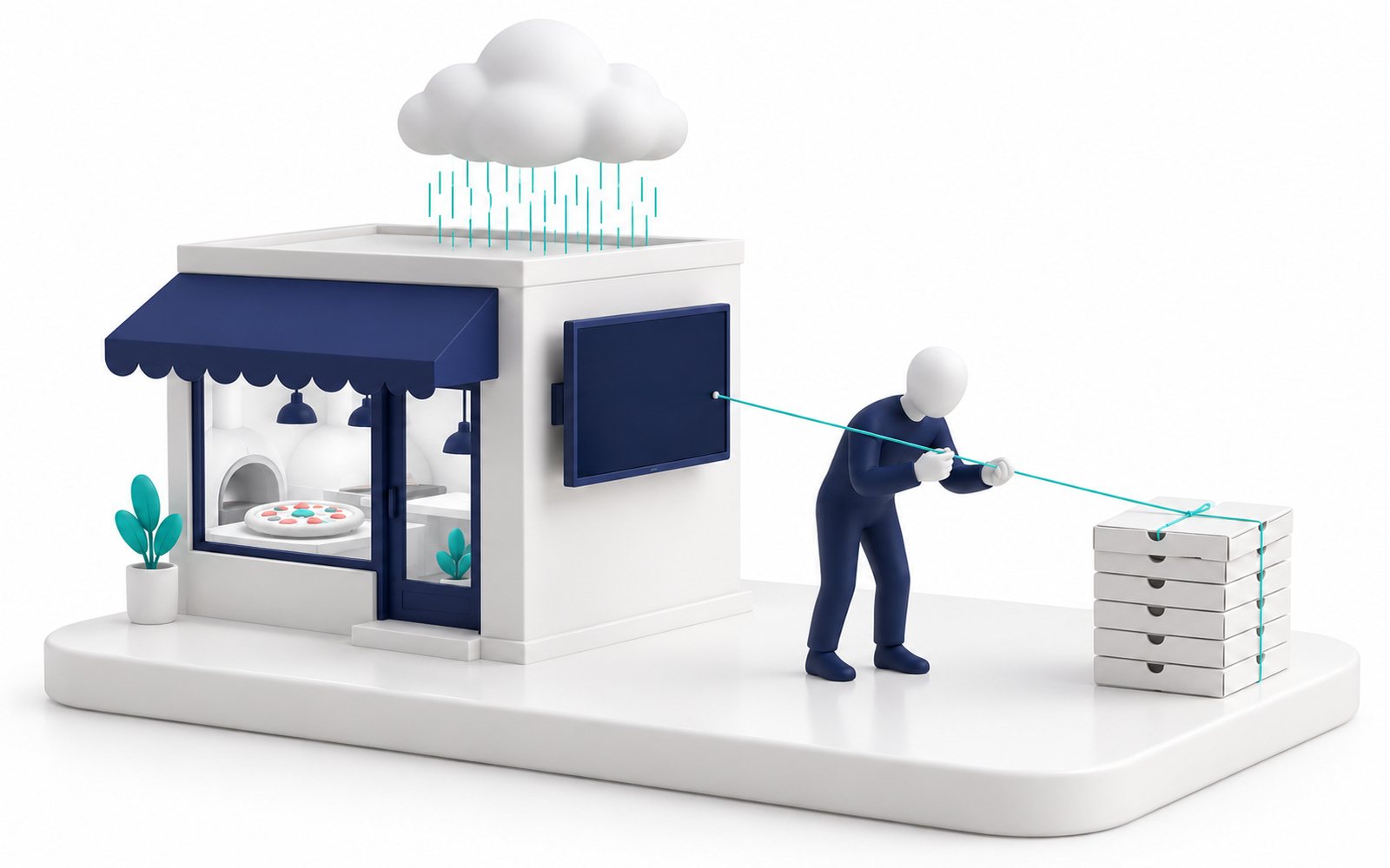 Une figurine tend un fil entre la télévision d’une pizzeria et des boîtes à pizza, sous un nuage de pluie.