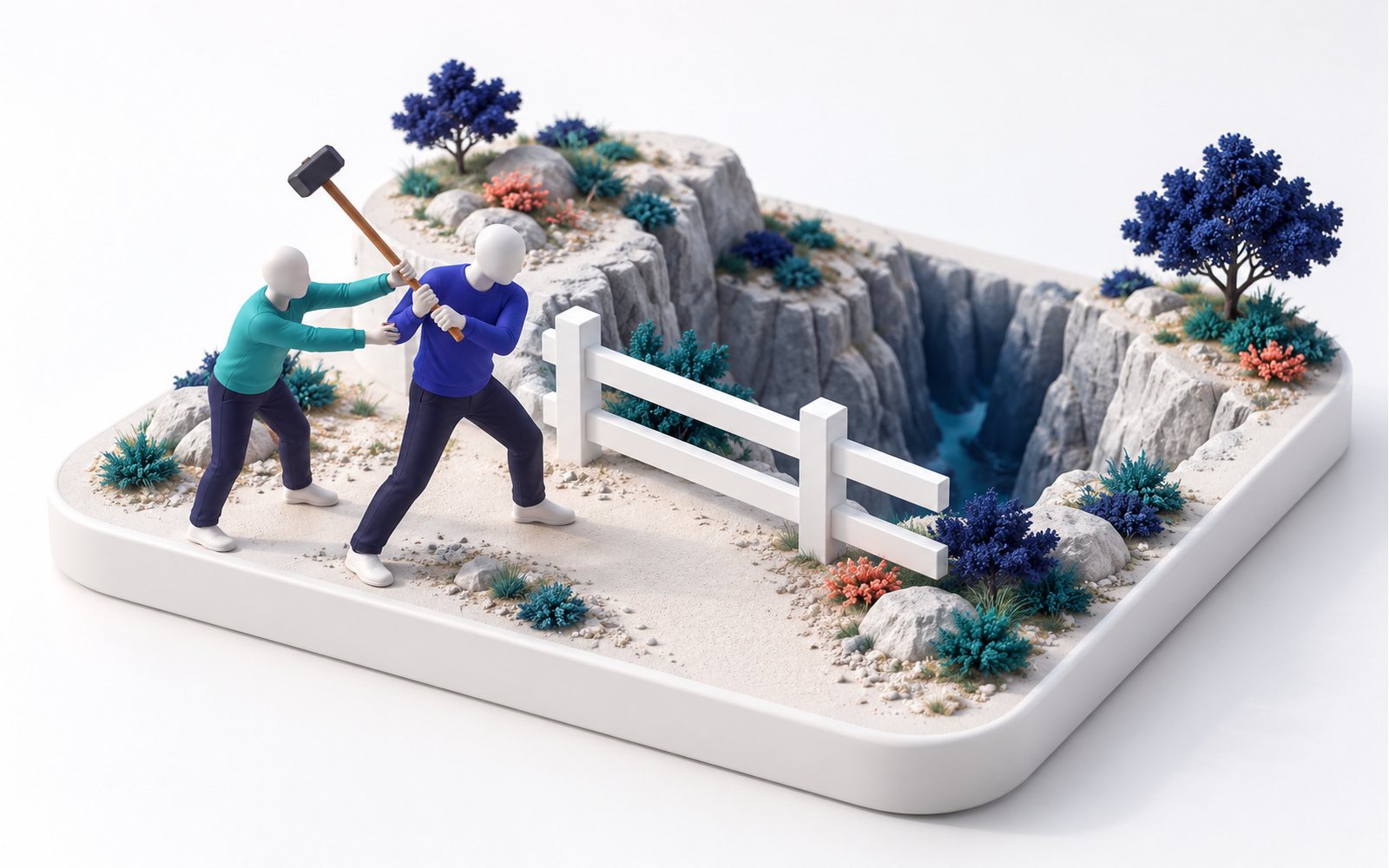 Une figurine veut abattre une clôture à la masse, une autre la retient : derrière la clôture, un ravin.