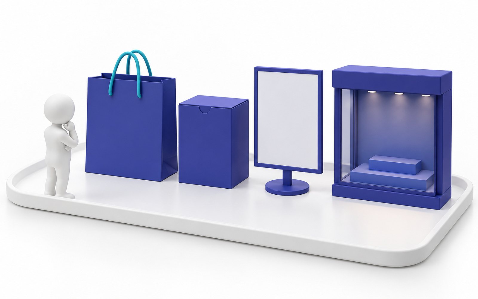 Un sac, une boîte, une affiche et une vitrine de la même couleur indigo, inspectés par une figurine.