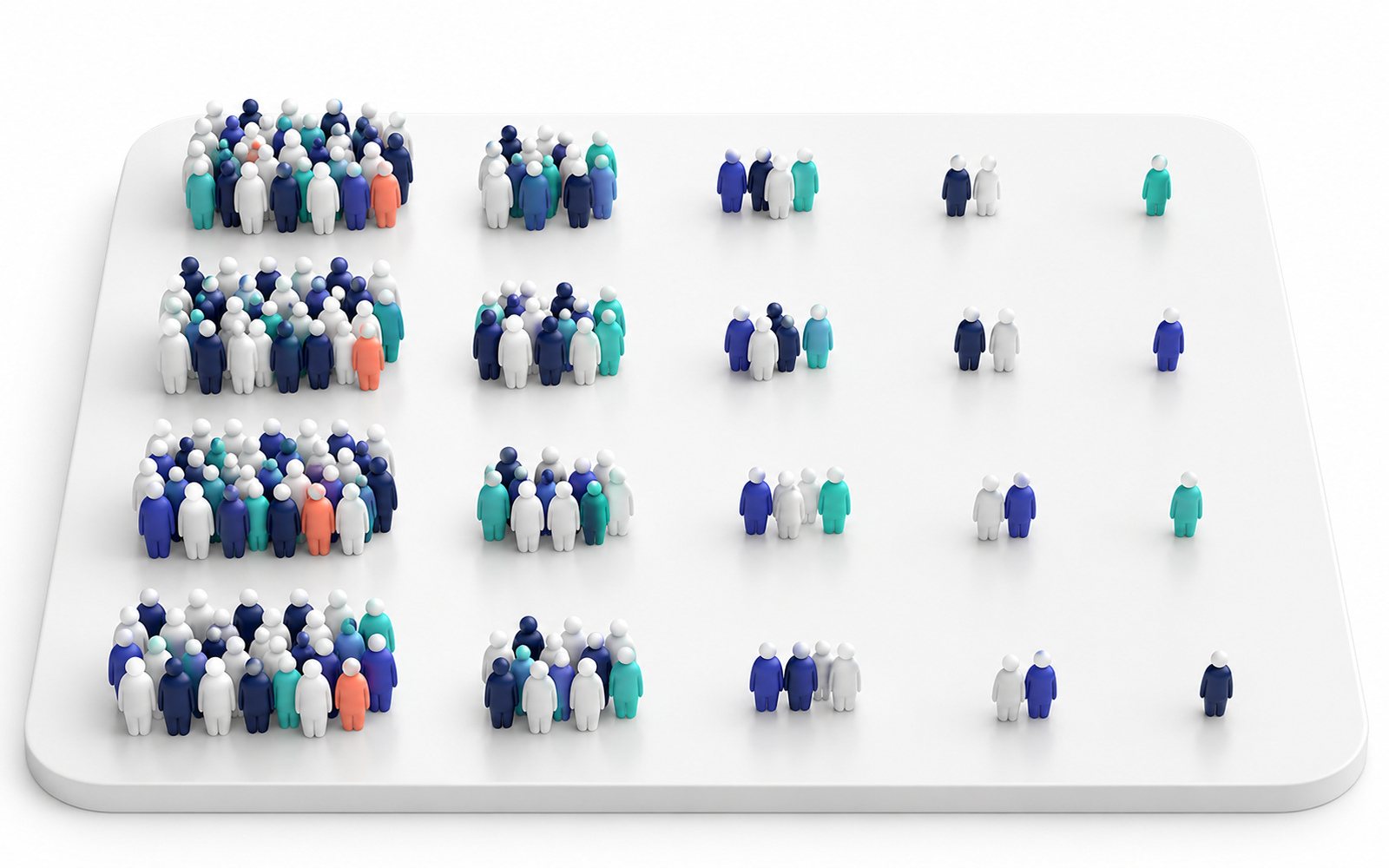 Des rangées de figurines par groupes, qui s’amincissent de gauche à droite.