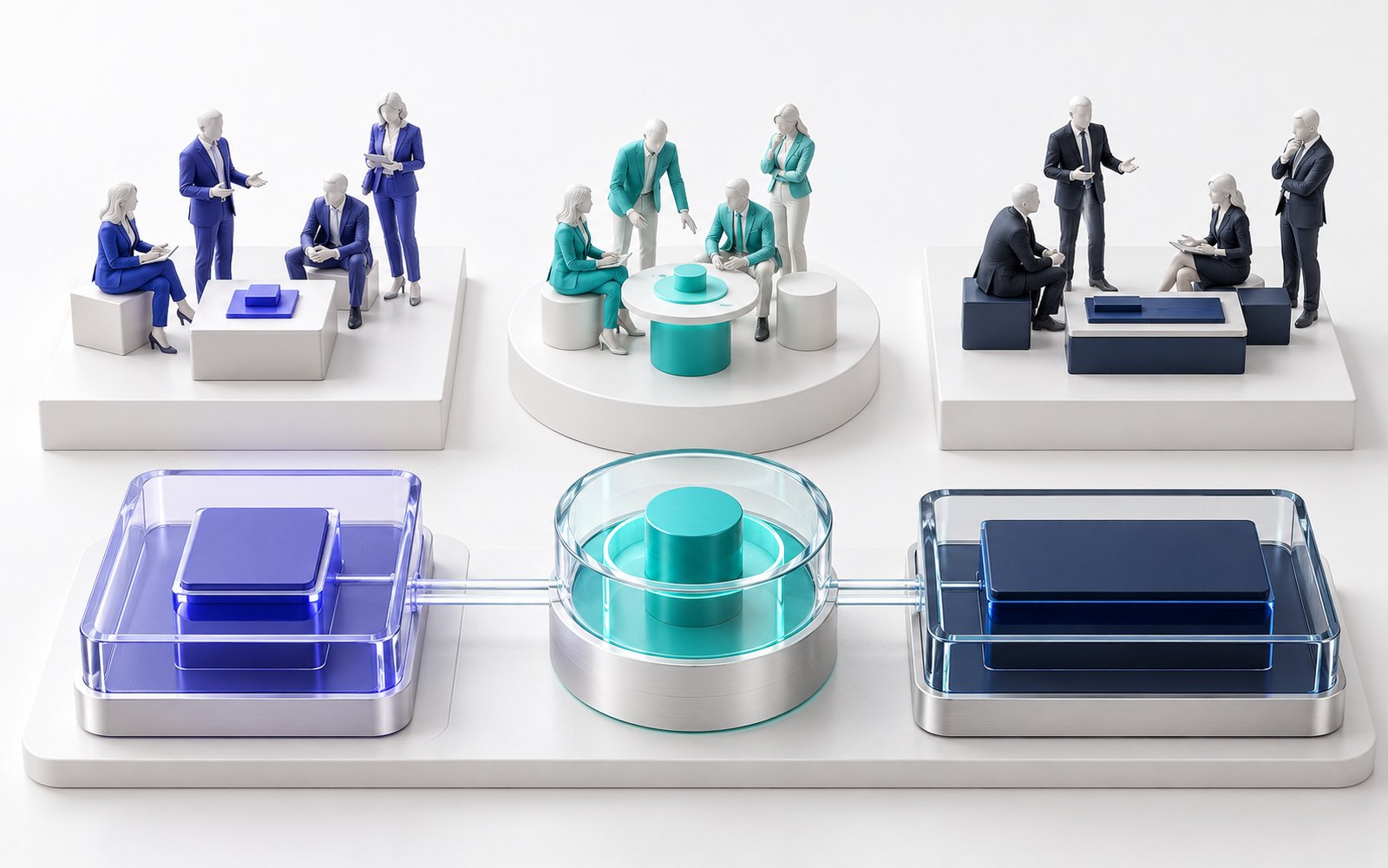Trois équipes sur trois îlots, et devant elles un logiciel en trois blocs qui reproduit les îlots.