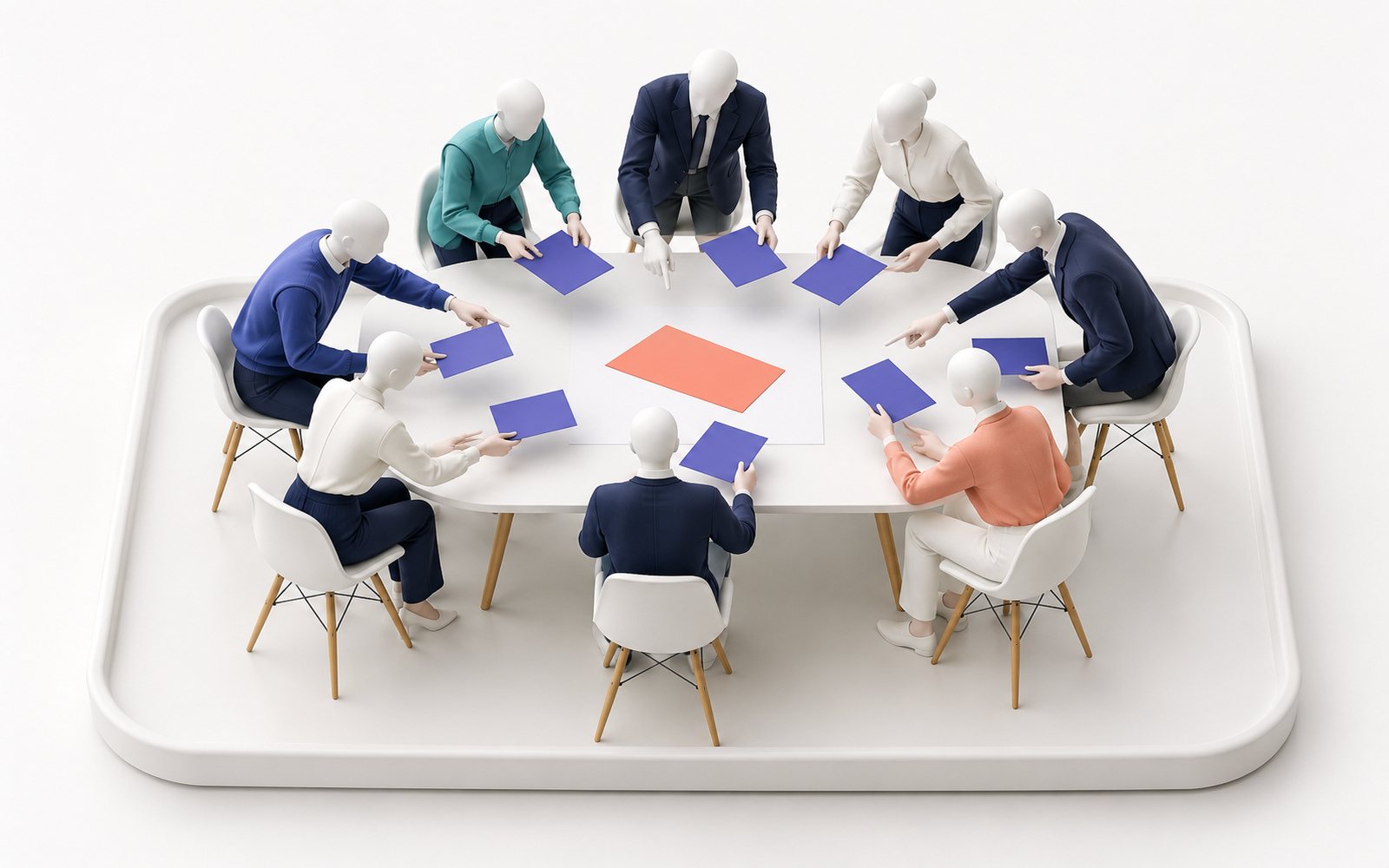 Huit figurines autour d’une table pointent une feuille corail posée de travers et tendent leurs propres feuilles de correction.