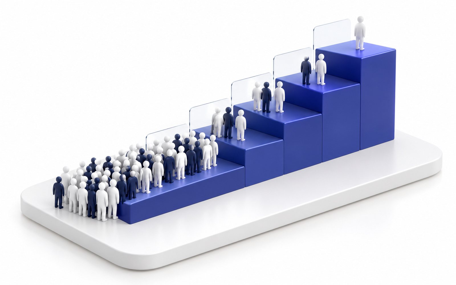 Un escalier de prix indigo : beaucoup de figurines sur les marches basses, de moins en moins en haut.
