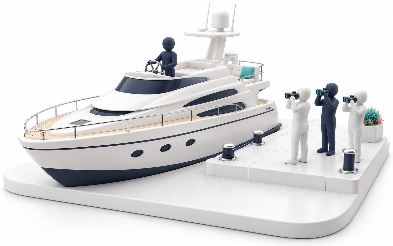 Une figurine pilote un grand bateau ; sur le quai, les propriétaires l’observent aux jumelles.