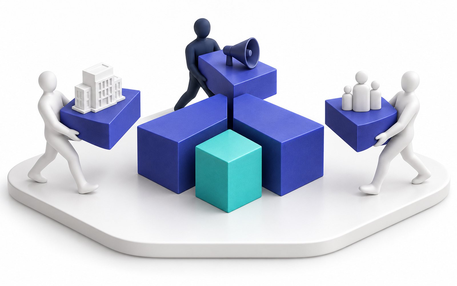 Des figurines emportent des tranches d’un grand bloc indigo ; il reste un bloc turquoise plus petit.