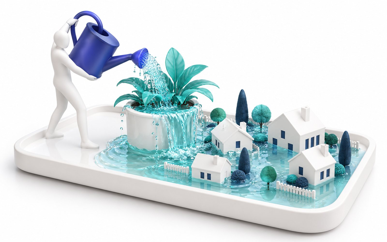 Une figurine arrose une plante si fort que l’eau inonde les petites maisons voisines.