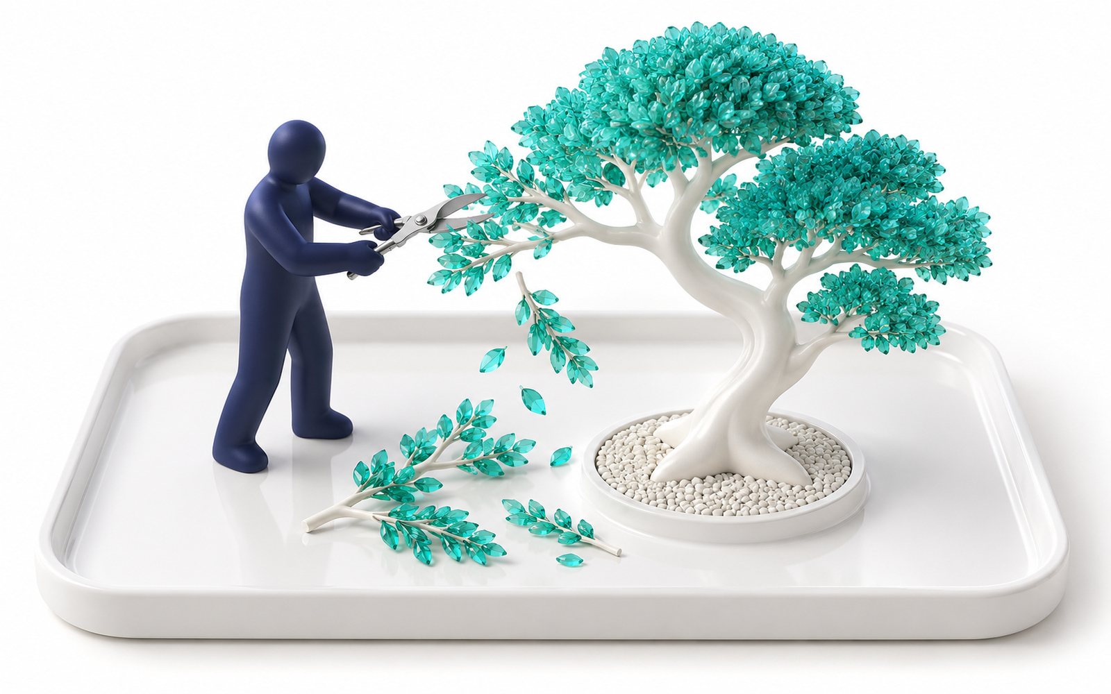 Une figurine taille un arbre ; les branches coupées tombent, l’arbre reste net.