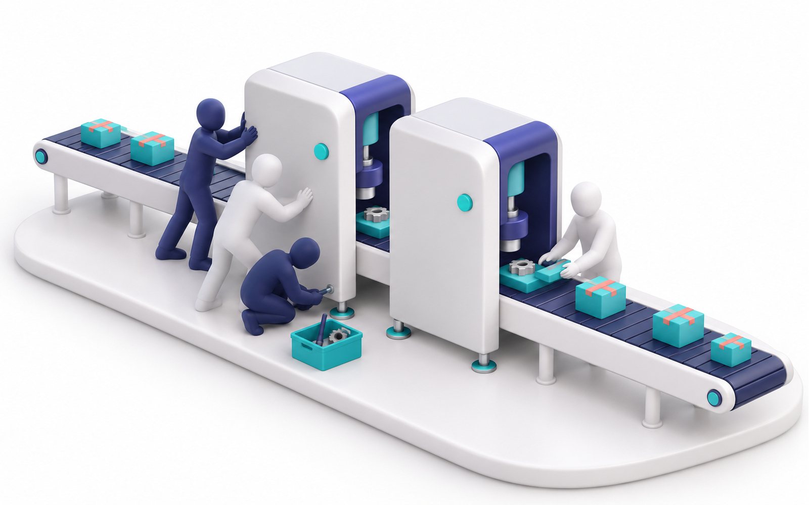 Une deuxième machine identique est installée à côté de la première ; le tapis se dégage.
