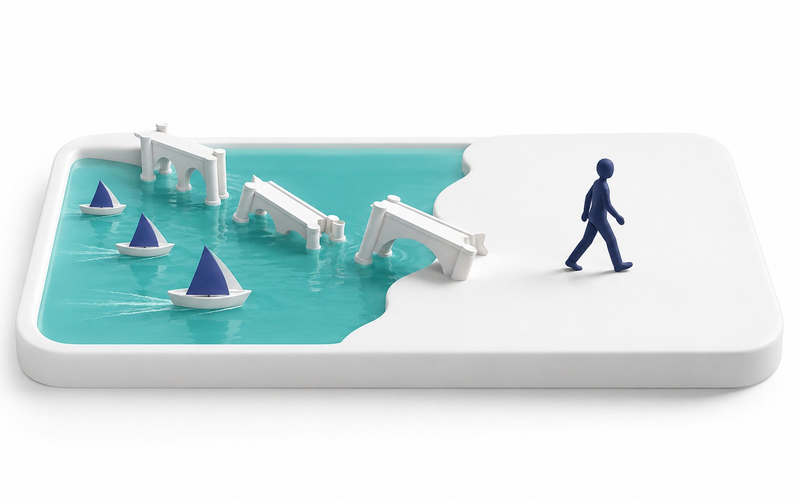 Une figurine avance sur la rive, derrière elle un pont démonté et des bateaux qui s’éloignent.