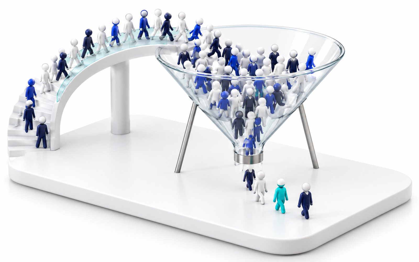 Un entonnoir transparent : beaucoup de figurines entrent en haut, quelques-unes sortent en bas.