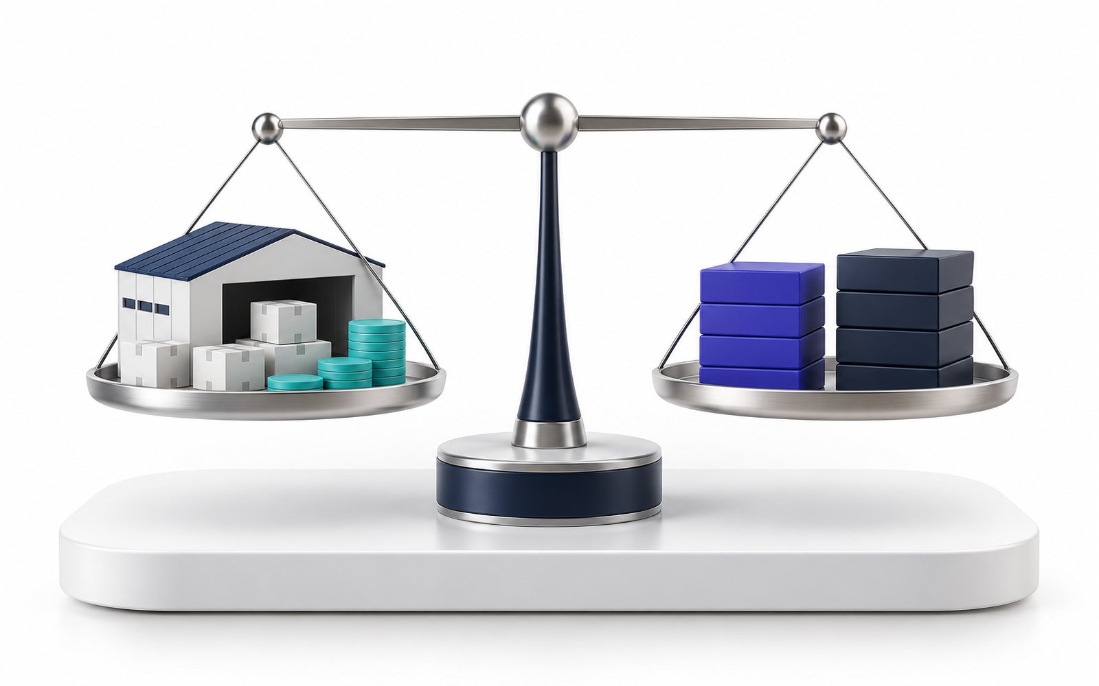 Une balance à l’horizontale : entrepôt, cartons et pièces d’un côté, deux piles indigo et bleu nuit de l’autre.