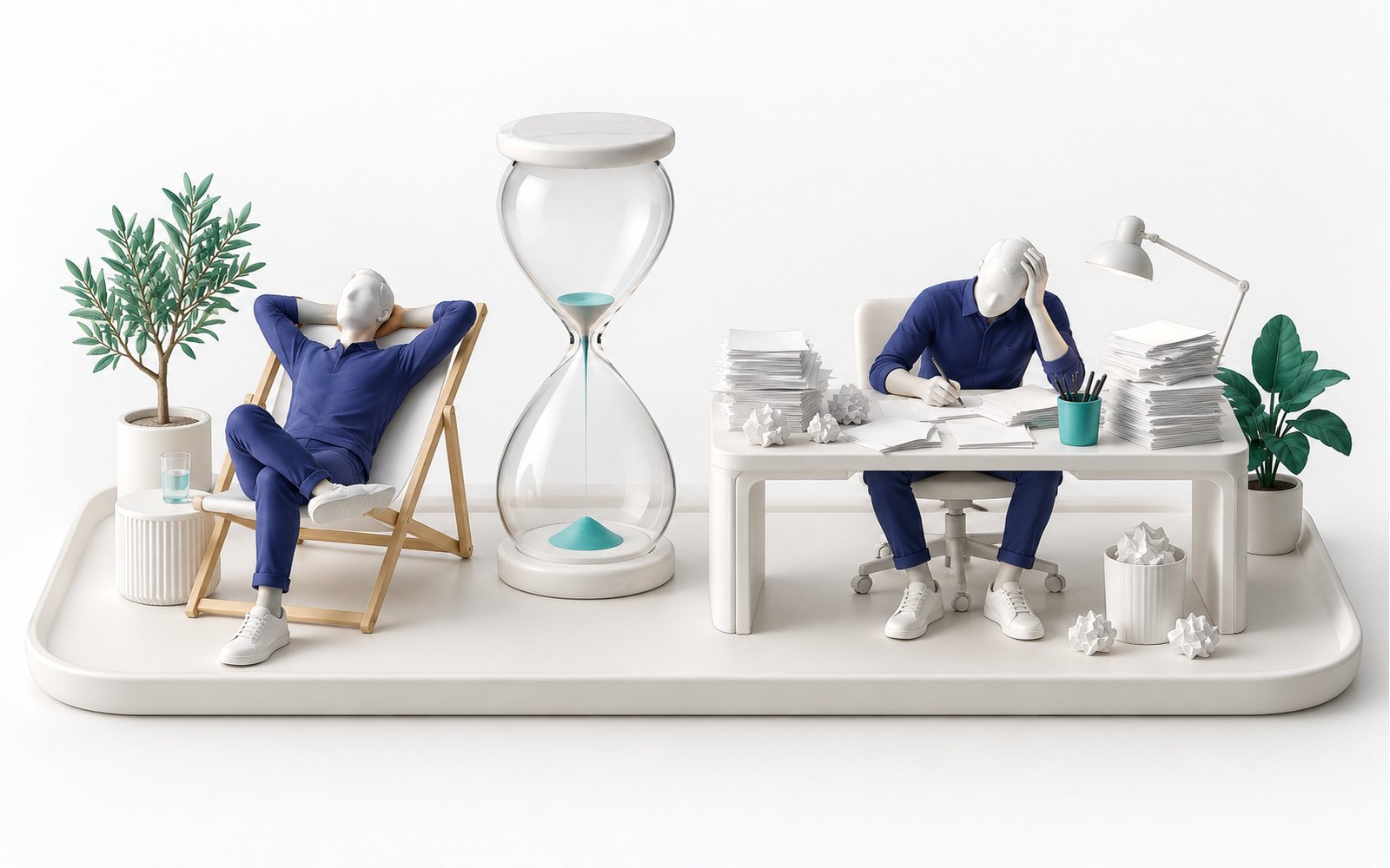 La même figurine se prélasse dans un transat à côté d’un sablier presque vide, puis travaille frénétiquement à un bureau couvert de papiers.