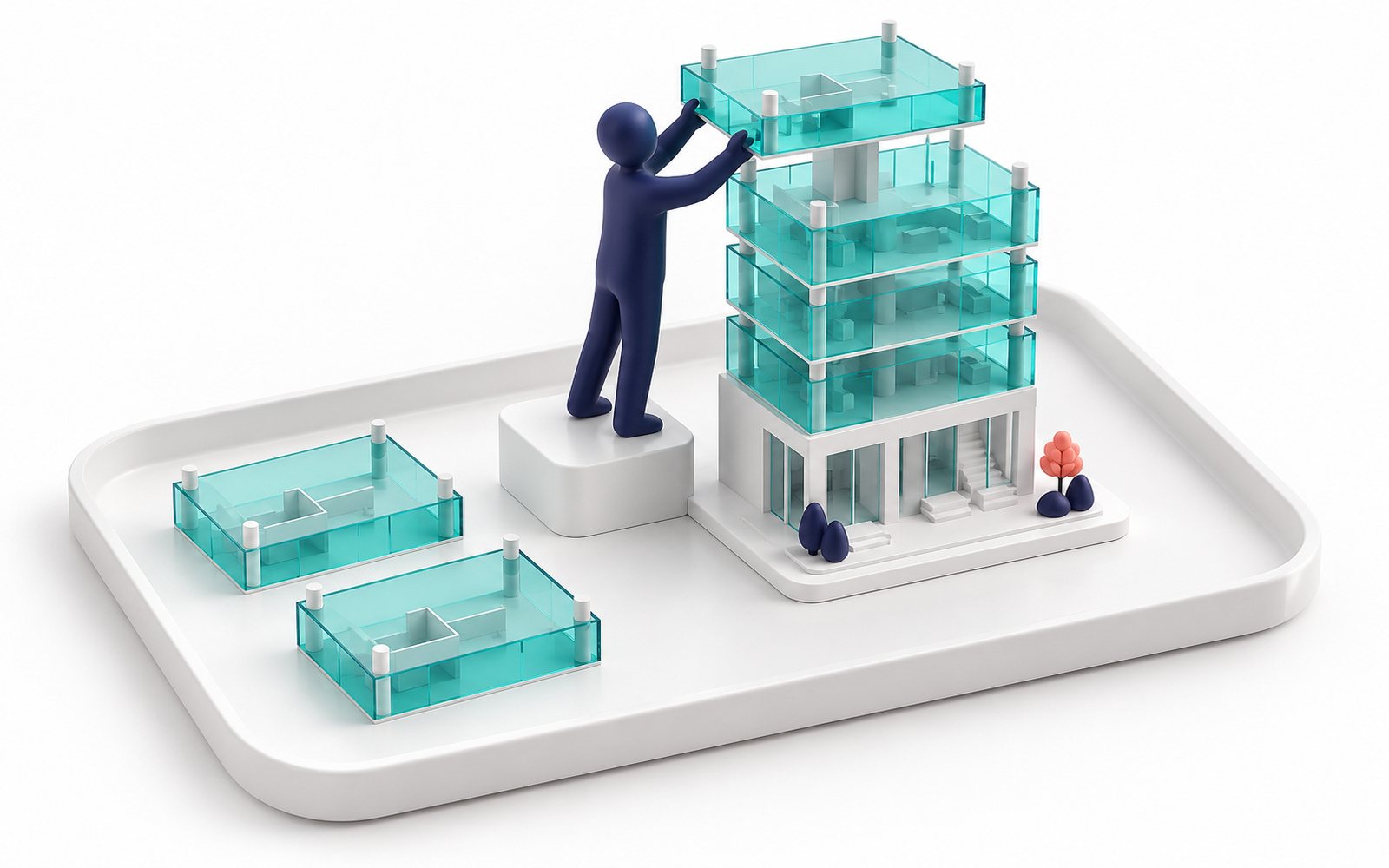 Une figurine ajoute des étages turquoise à un bâtiment qui grandit.