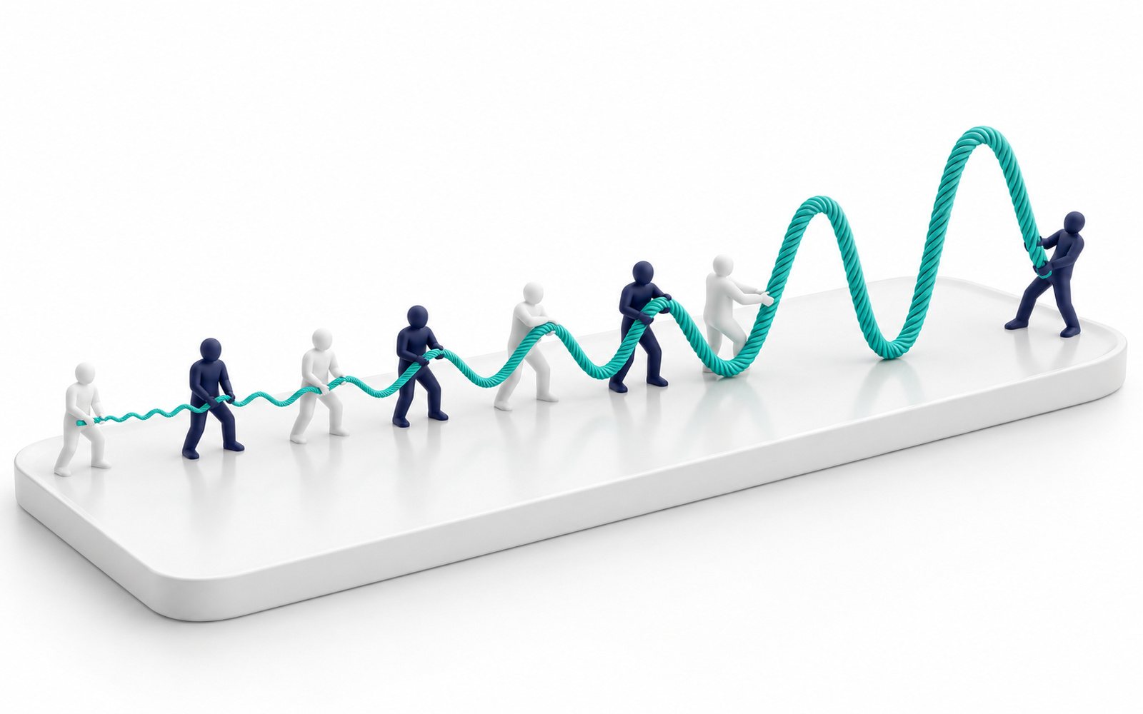 Une corde tenue par une file de figurines ondule à peine au début et fait de grandes vagues au bout.